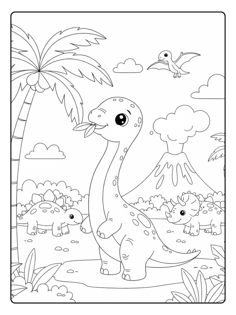 Baby Brachiosaurus Eating Leaves Cute Dinosaur Coloring Pages