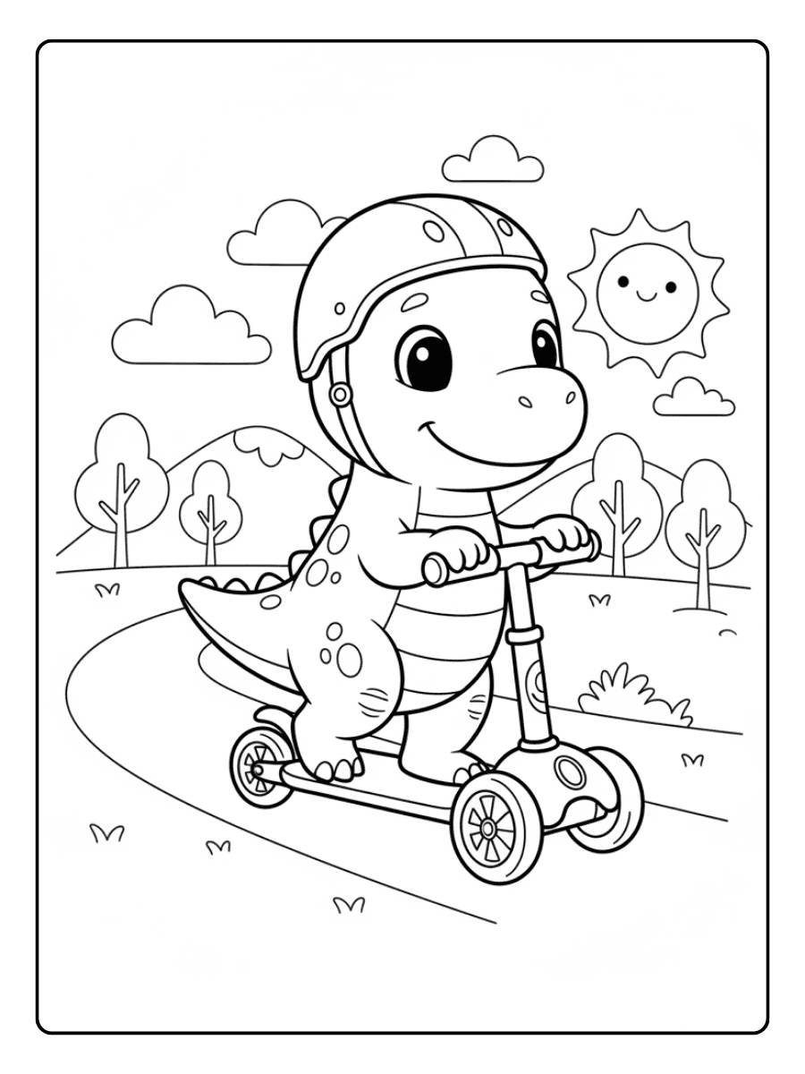 Baby Dino Riding a Scooter Cute Dinosaur Coloring Pages