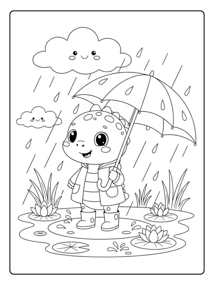 Baby Dino in the Rain Cute Dinosaur Coloring Pages