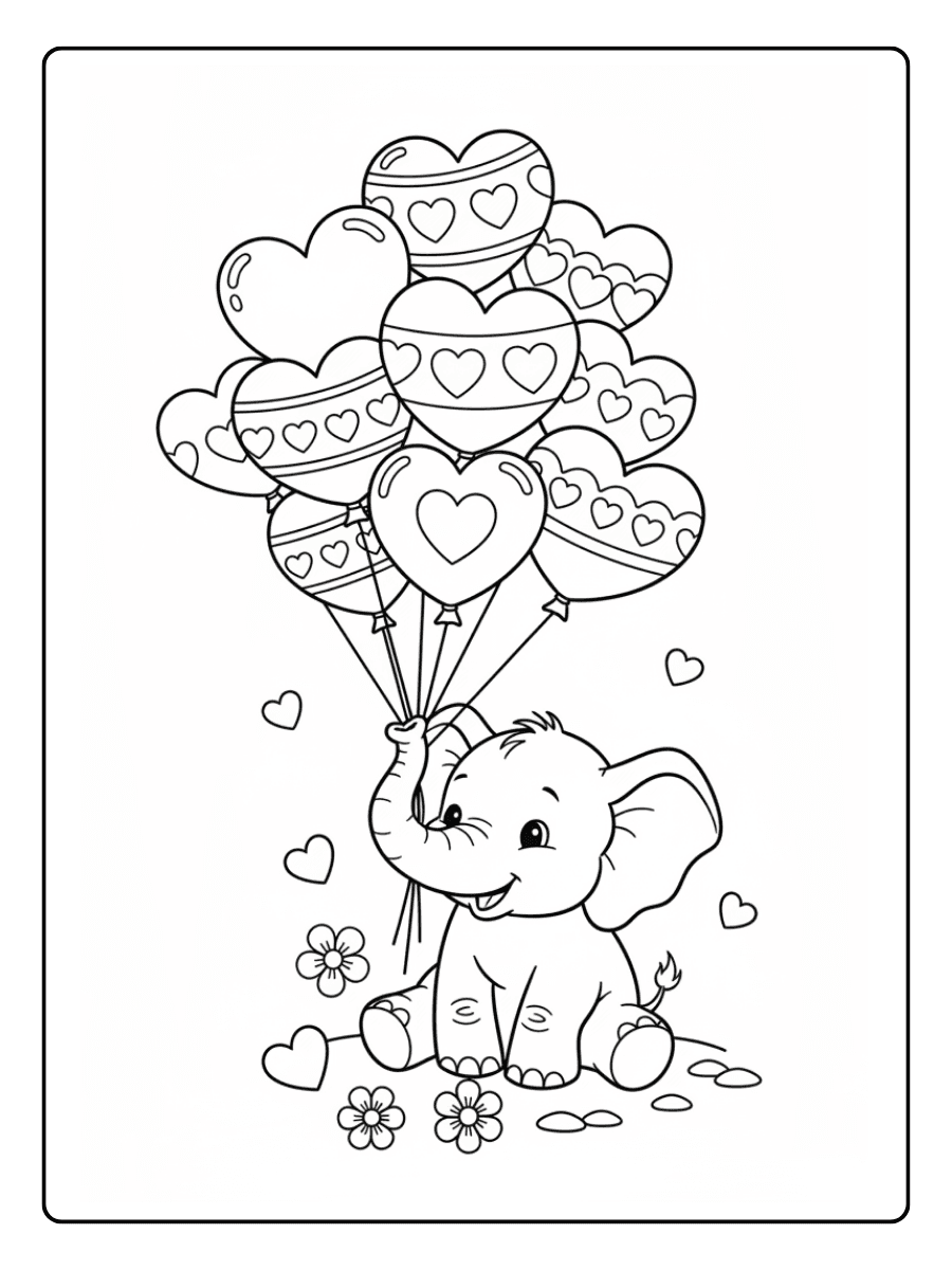 Baby Elephant with Heart Balloons Cute Coloring Pages for Valentines Day