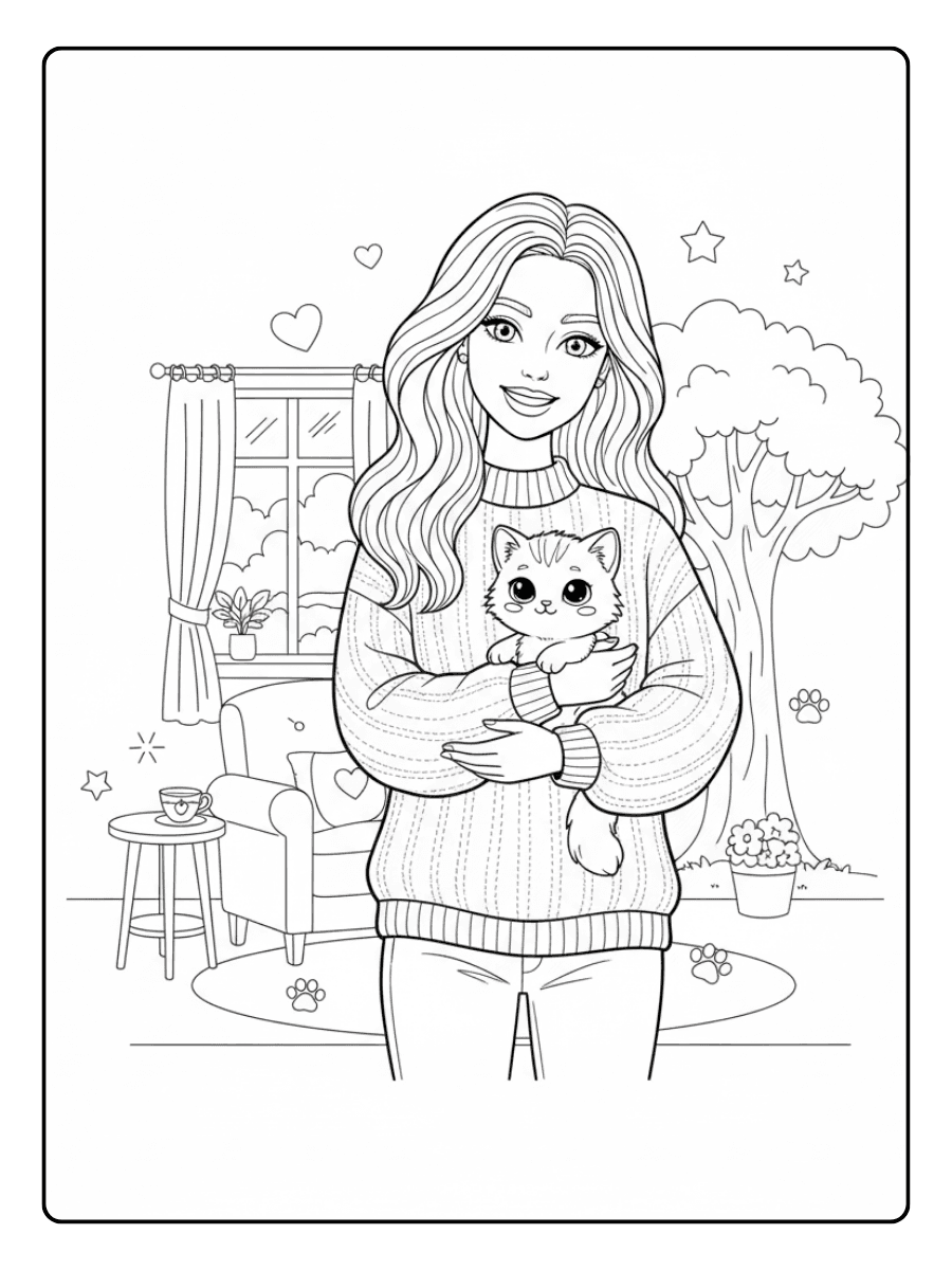 Barbie Coloring Pages – Barbie with Kitten