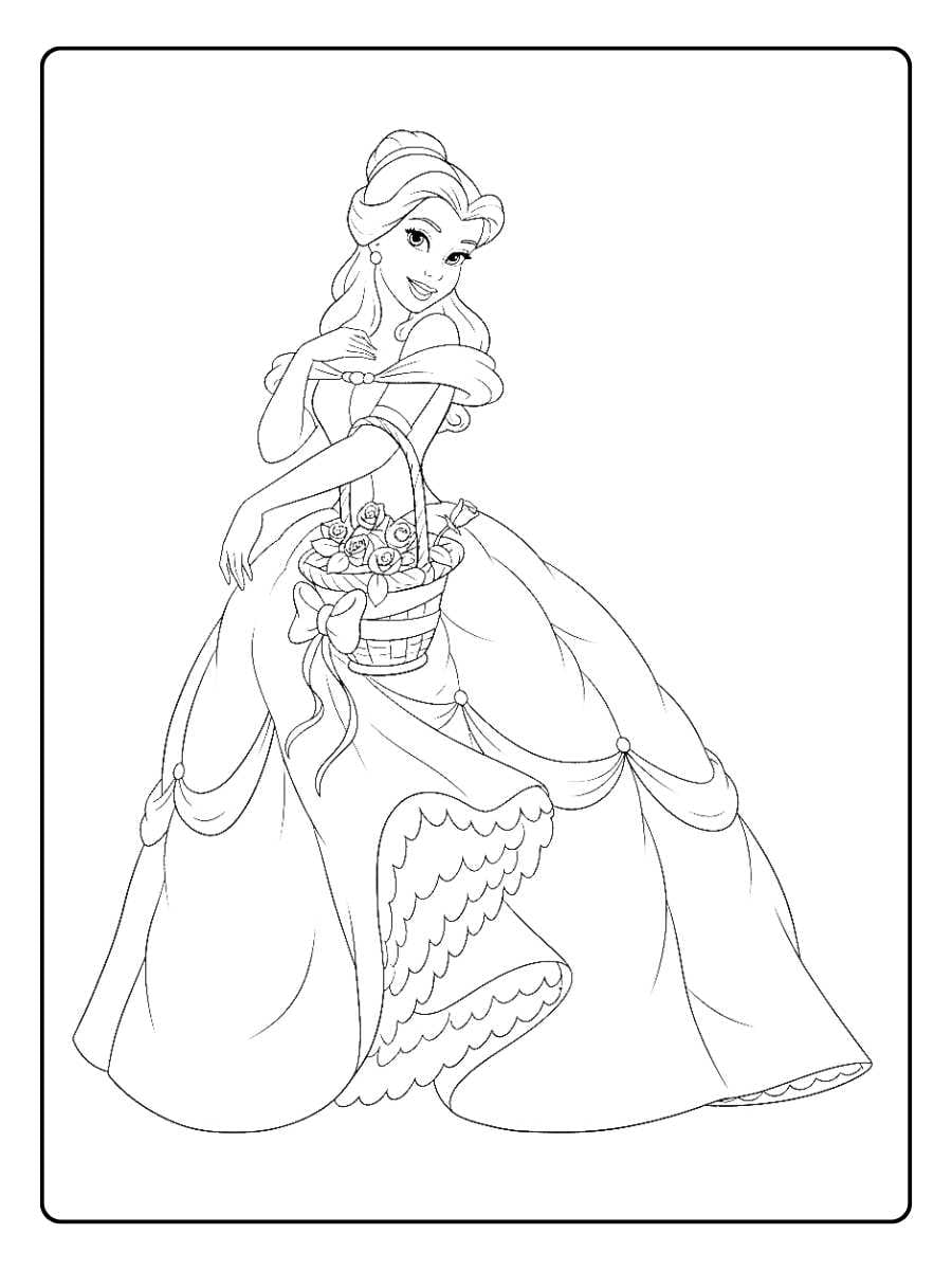 Belle Coloring Pages Belle with a Basket of Roses
