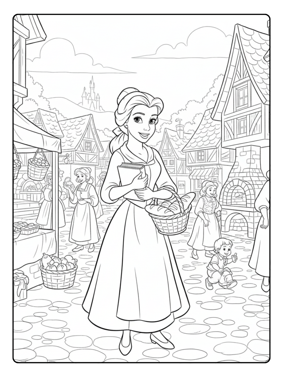 Belle Coloring Pages – Belle Village Scene