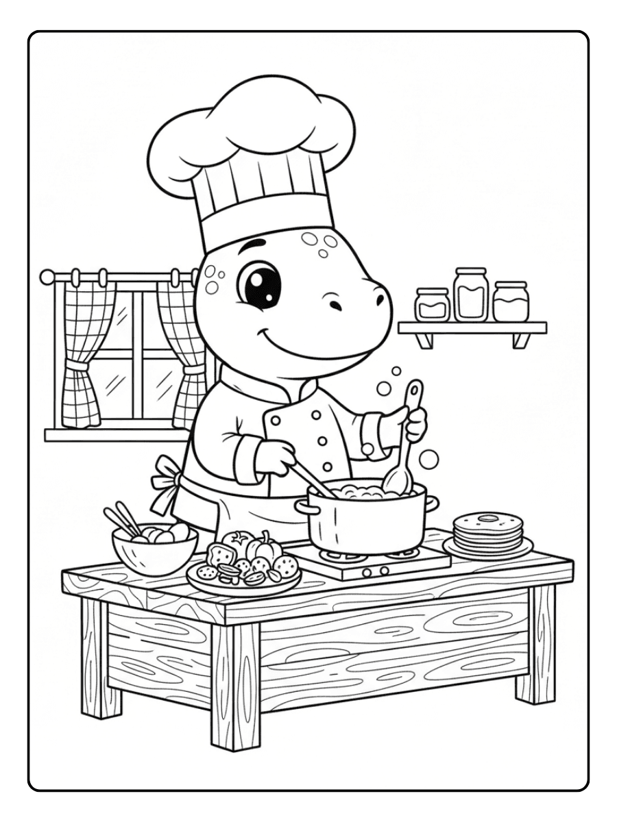 Chef Dinosaur Cooking Cute Dinosaur Coloring Pages