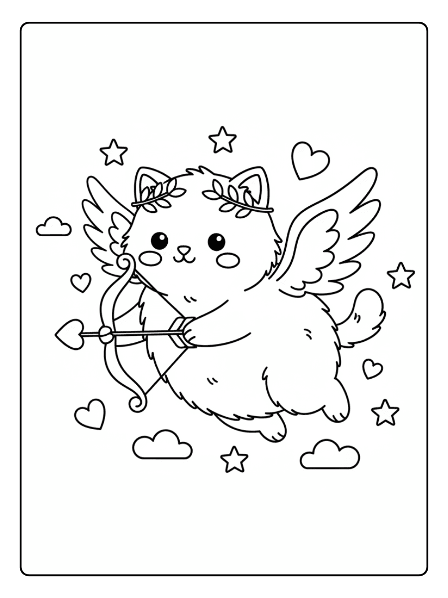 Cupid Kitty Flying Cute Coloring Pages for Valentines Day