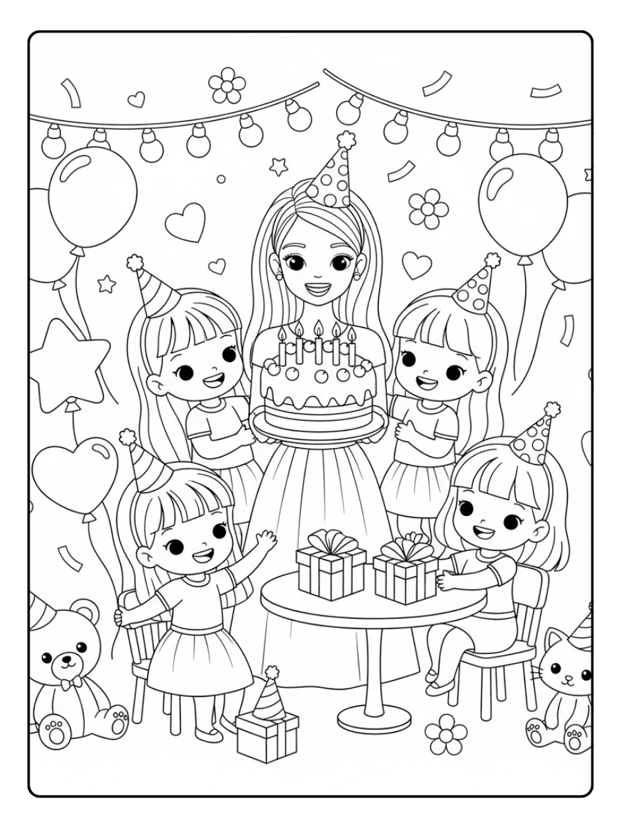 Cute Barbie Coloring Pages – Barbie Celebration Scene