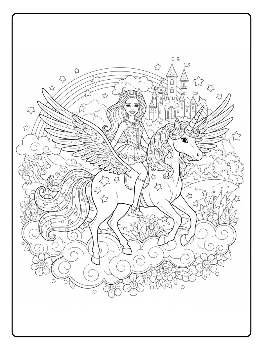 Cute Barbie Coloring Pages – Barbie Riding a Magical Unicorn