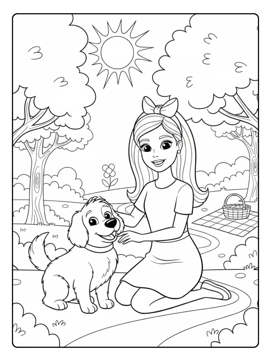 Cute Barbie Coloring Pages – Barbie and Her Dog in the Park