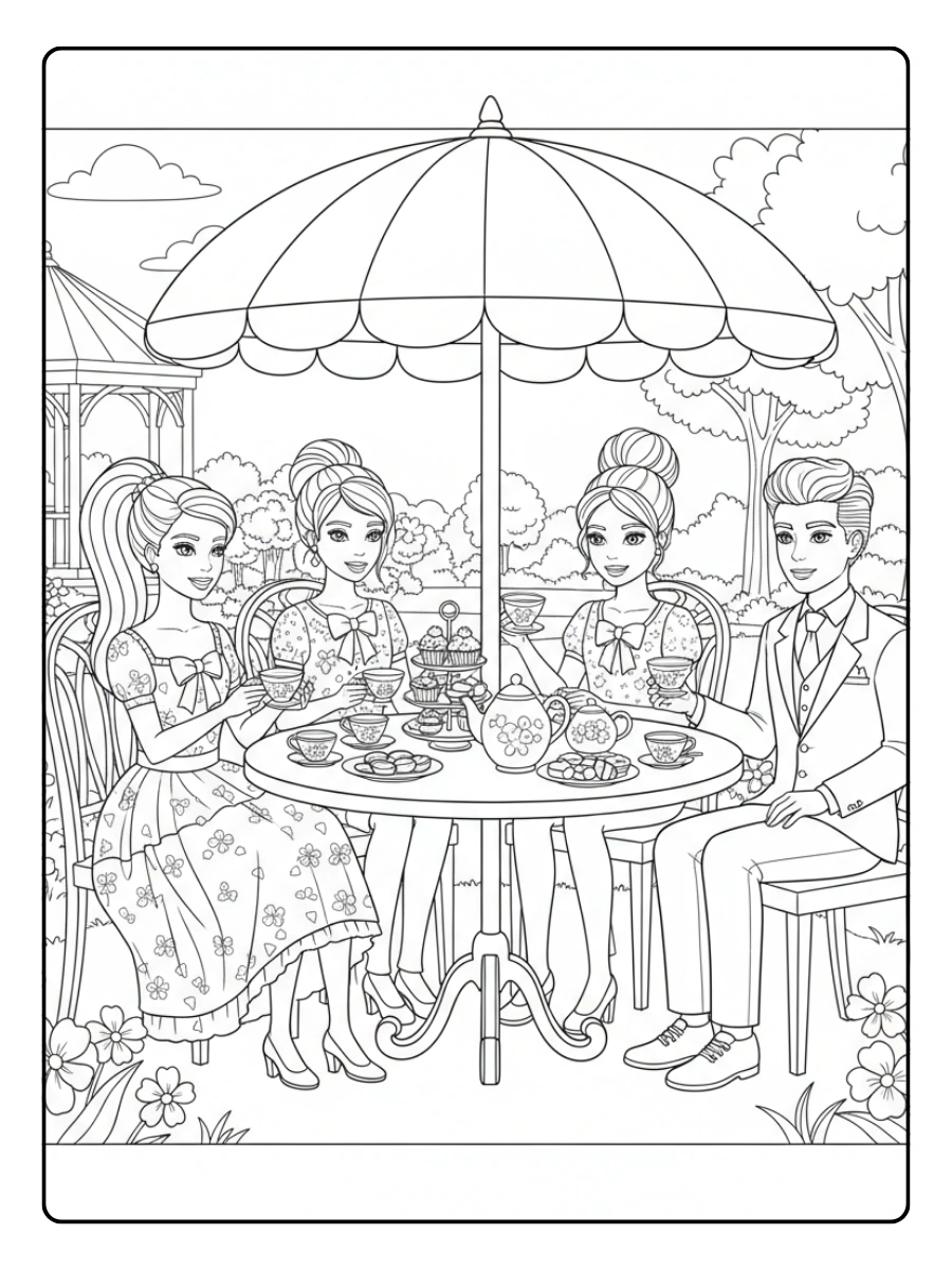 Cute Barbie Coloring Pages – Barbie’s Fun Tea Party with Friends