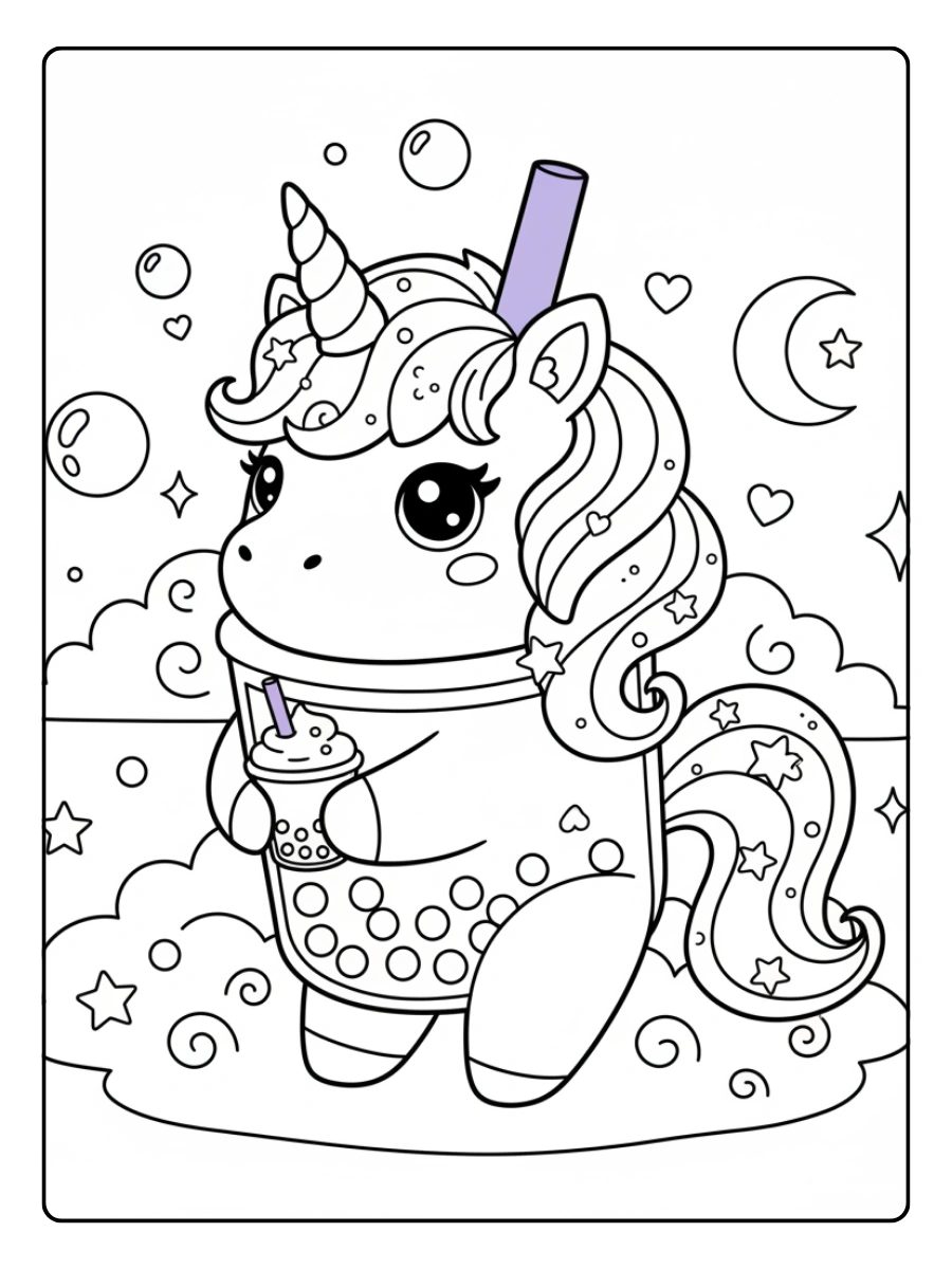 Cute Boba Coloring Pages – Magical Unicorn Boba Tea