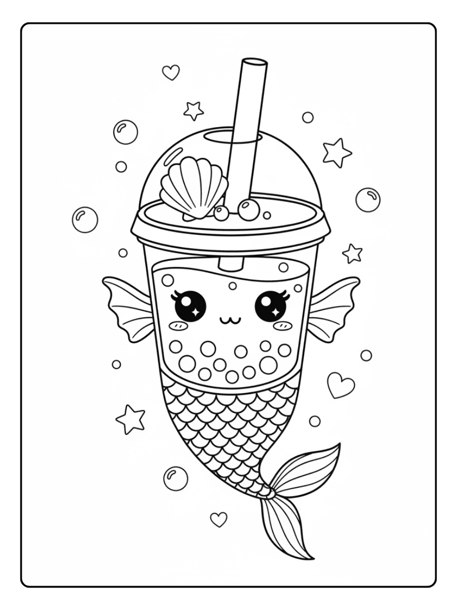 Cute Boba Coloring Pages – Mermaid Boba Cup