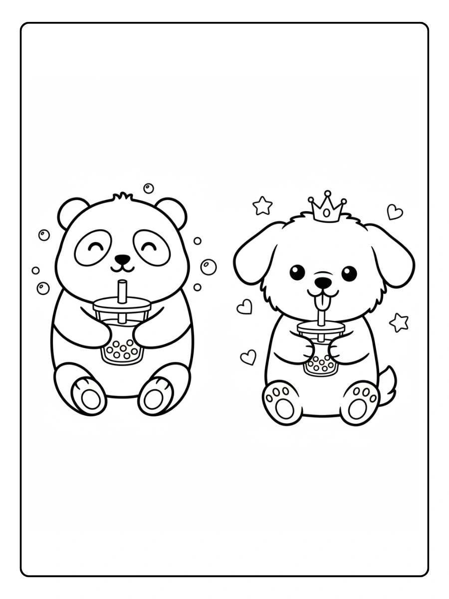 Cute Boba Coloring Pages – Panda and Puppy Boba Buddies
