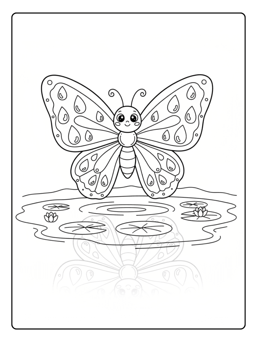 Cute Butterfly Coloring Pages – Butterfly Over a Pond