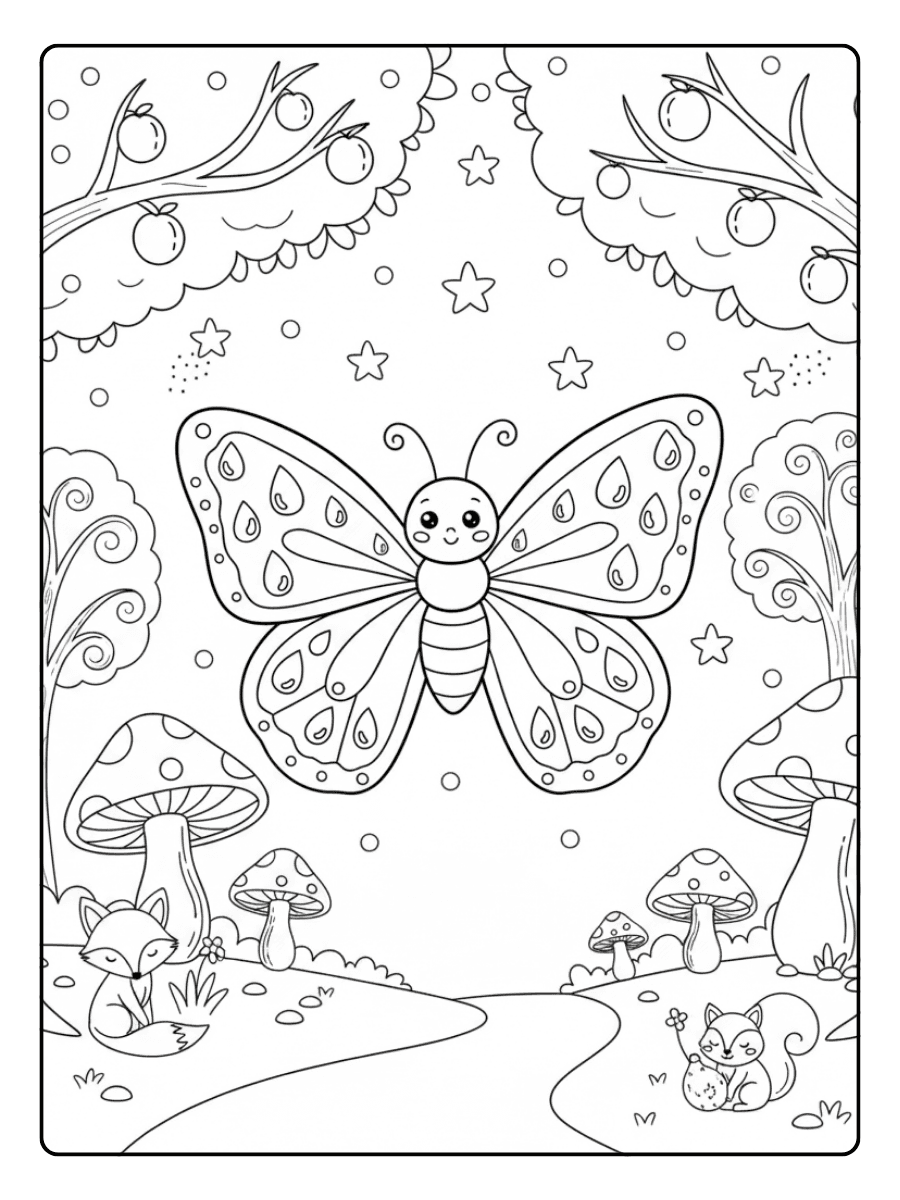 Cute Butterfly Coloring Pages – Butterfly in Magic Forest