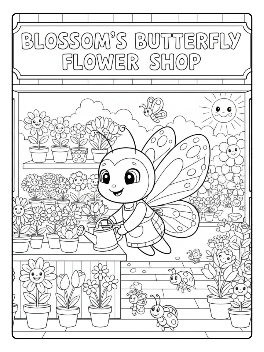 Cute Butterfly Coloring Pages – Friendly Butterfly’s Flower Shop Visit