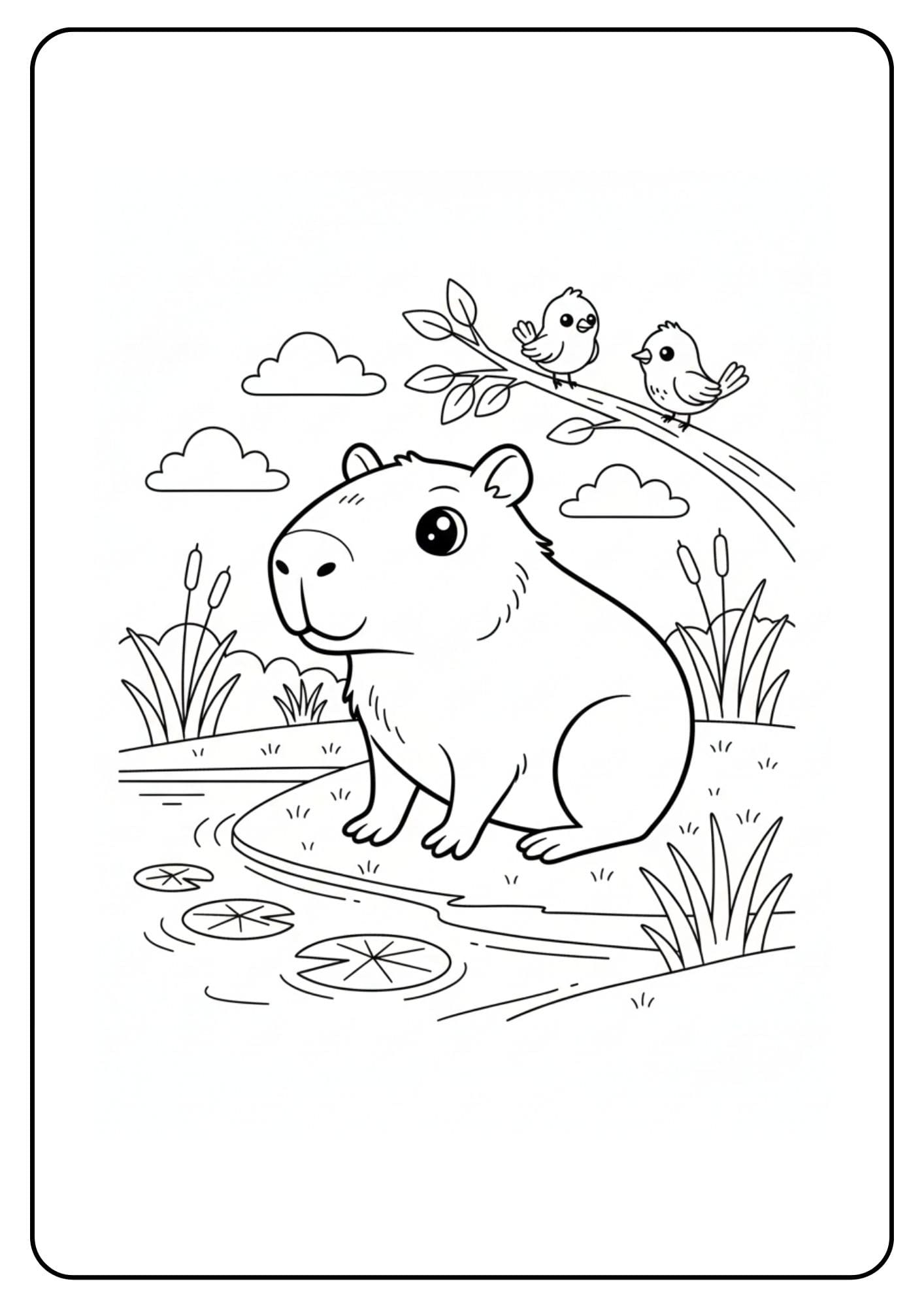 Cute Capybara Coloring Page by Pond