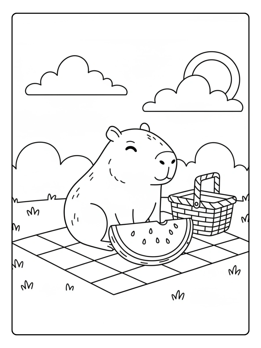 Cute Capybara Coloring Pages – Capybara Picnic with Watermelon