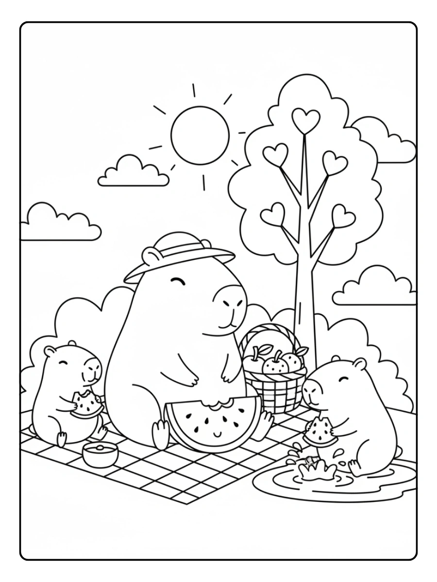 Cute Capybara Coloring Pages – Capybara Picnic with Watermelon