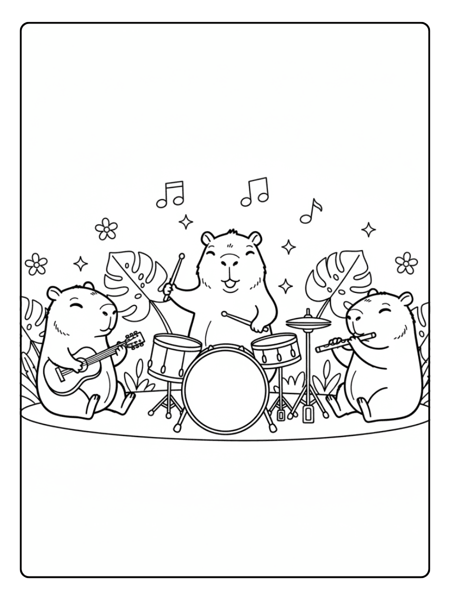 Cute Capybara Coloring Pages – Capybara Playing Music