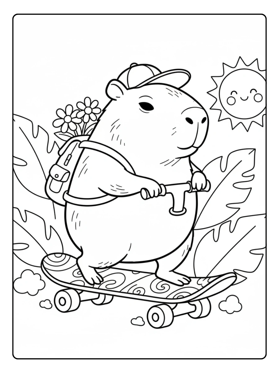 Cute Capybara Coloring Pages – Capybara Riding a Skateboard