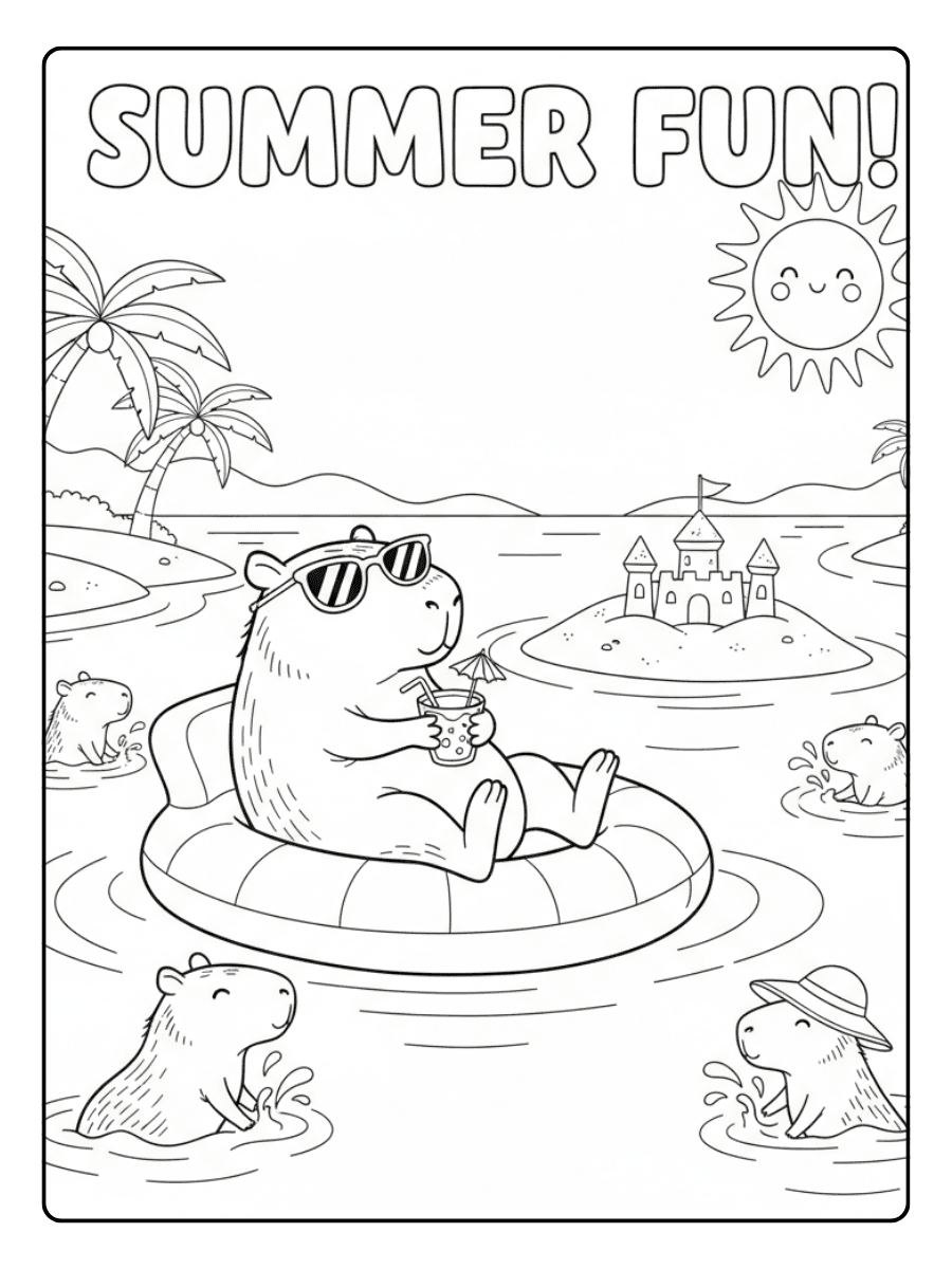 Cute Capybara Coloring Pages – Capybara Summer Scene
