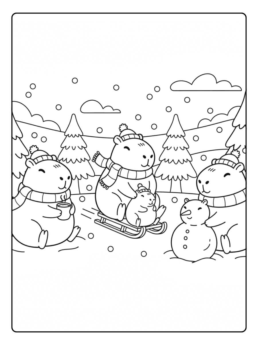 Cute Capybara Coloring Pages – Capybara Winter Scene