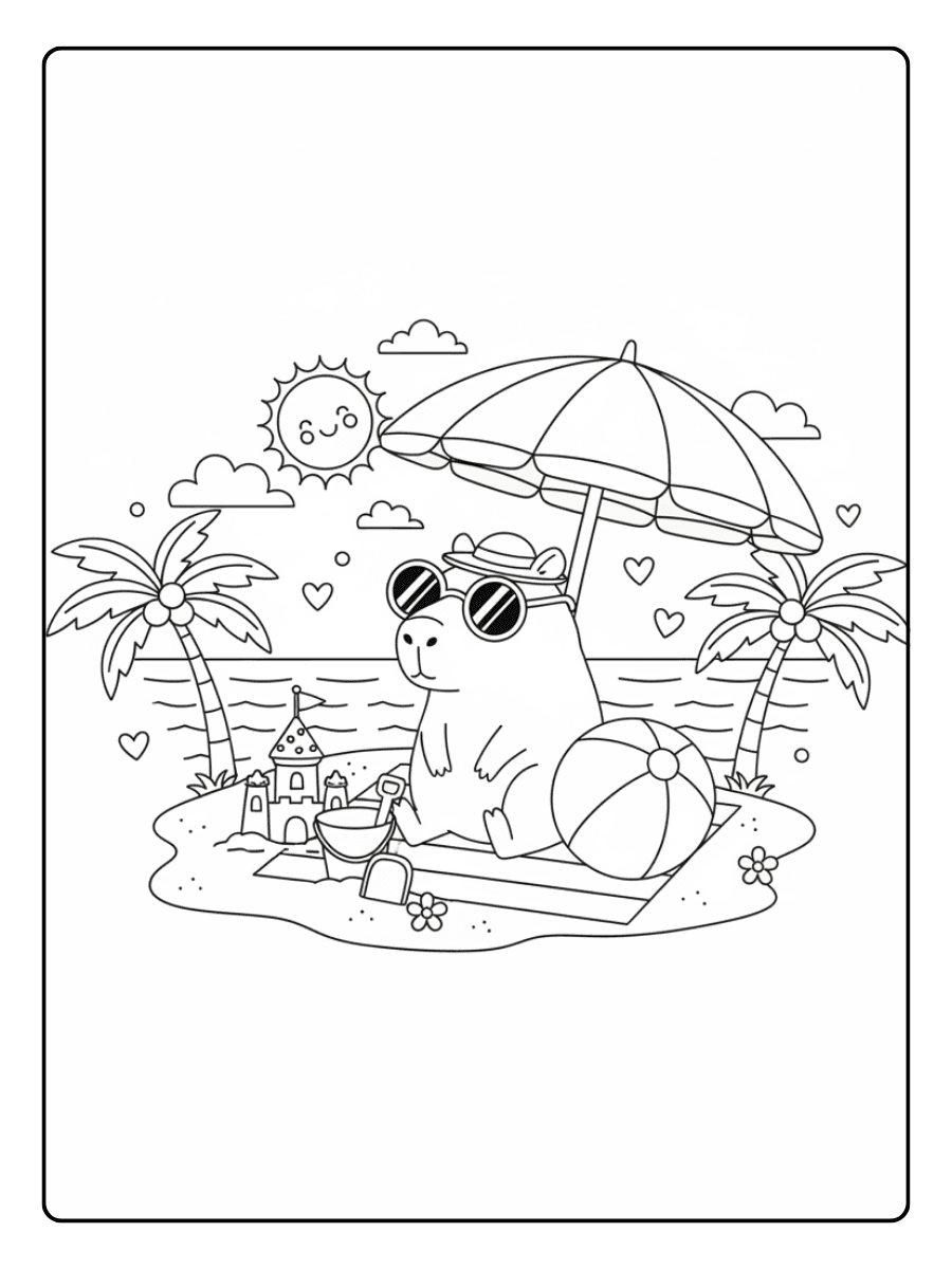 Cute Capybara Coloring Pages – Capybara at Beach