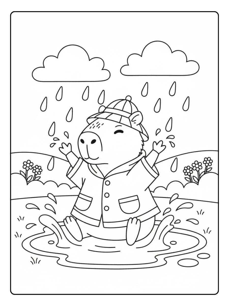 Cute Capybara Coloring Pages – Capybara in Rain