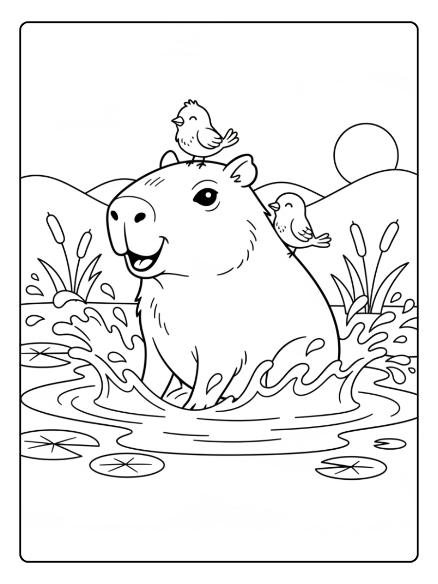 Cute Capybara Coloring Pages – Capybara in a Water Splash Scene