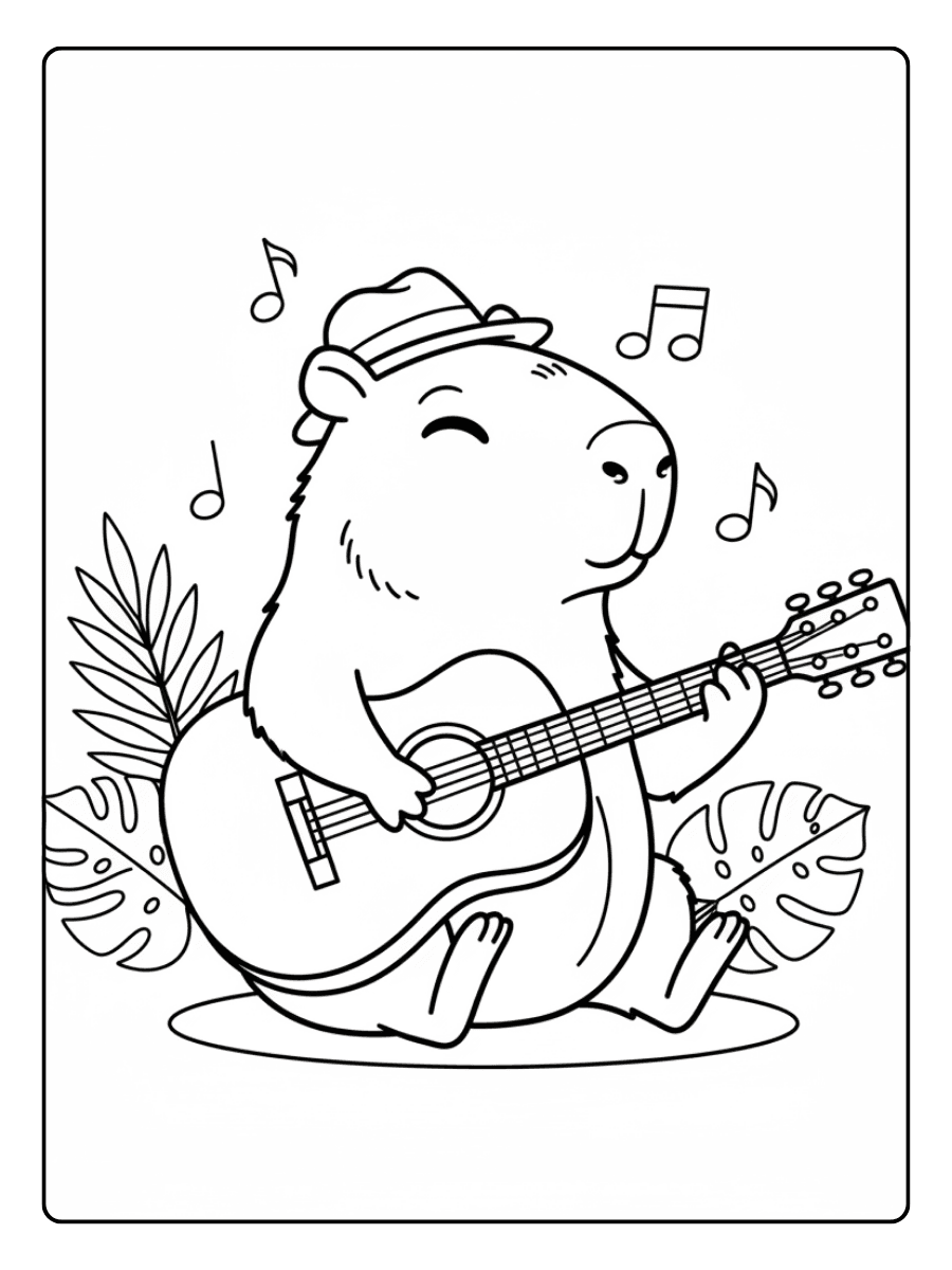 Cute Capybara Coloring Pages – Capybara with Guitar