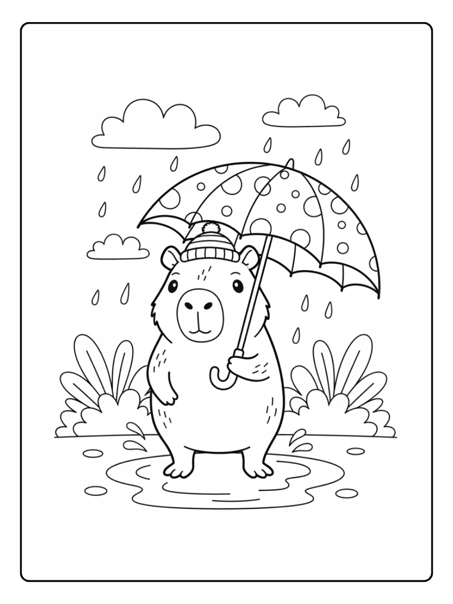 Cute Capybara Coloring Pages – Capybara with Umbrella