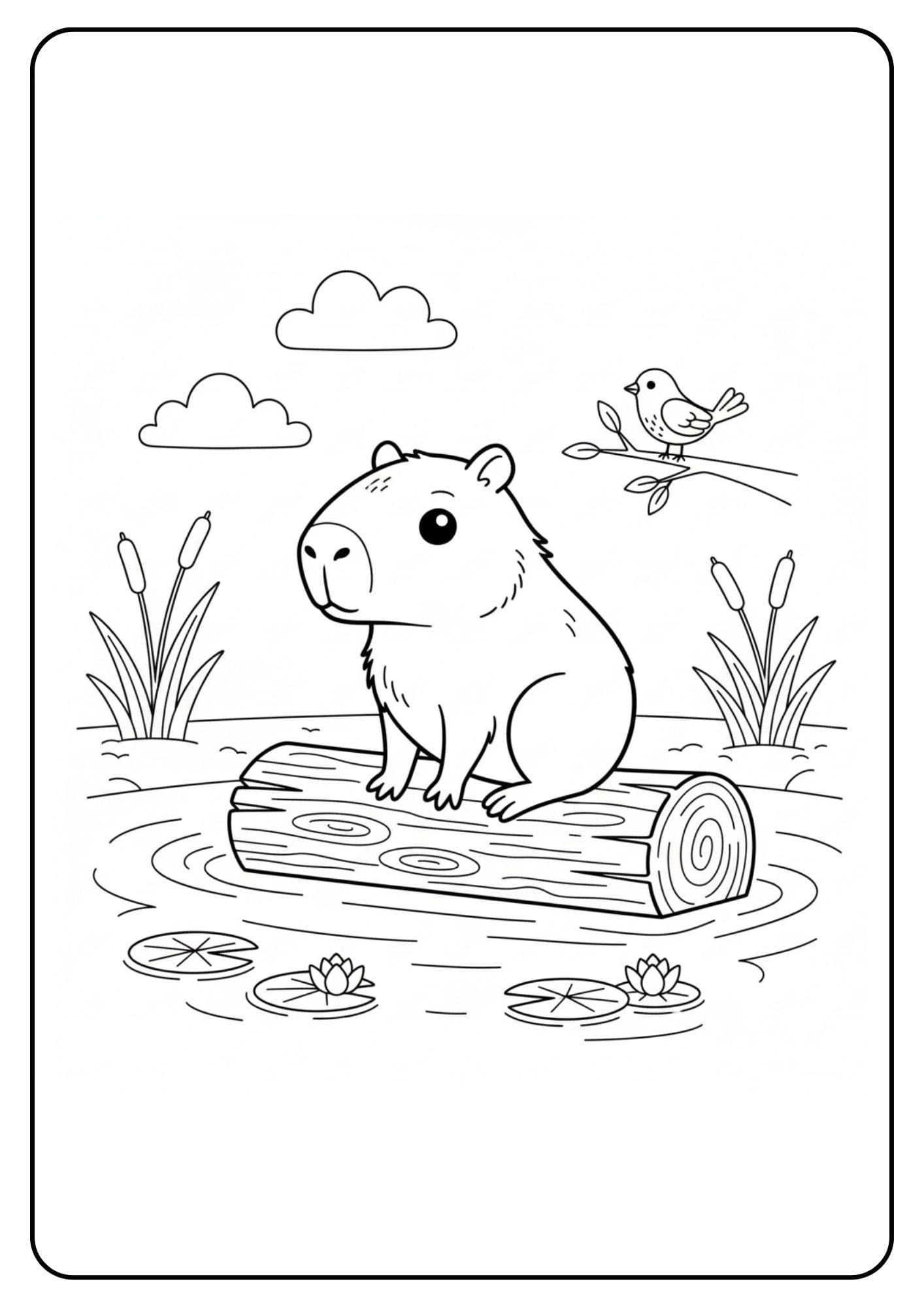 Cute Capybara on Log Coloring Page
