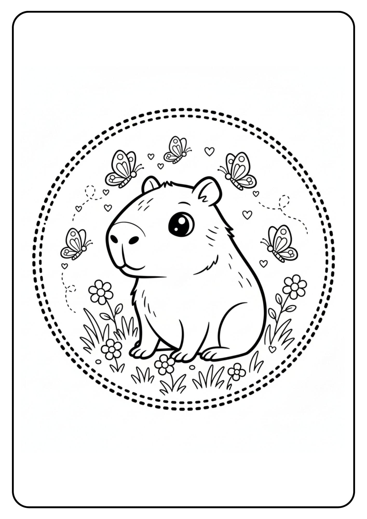Cute Capybara with Butterflies Coloring Page