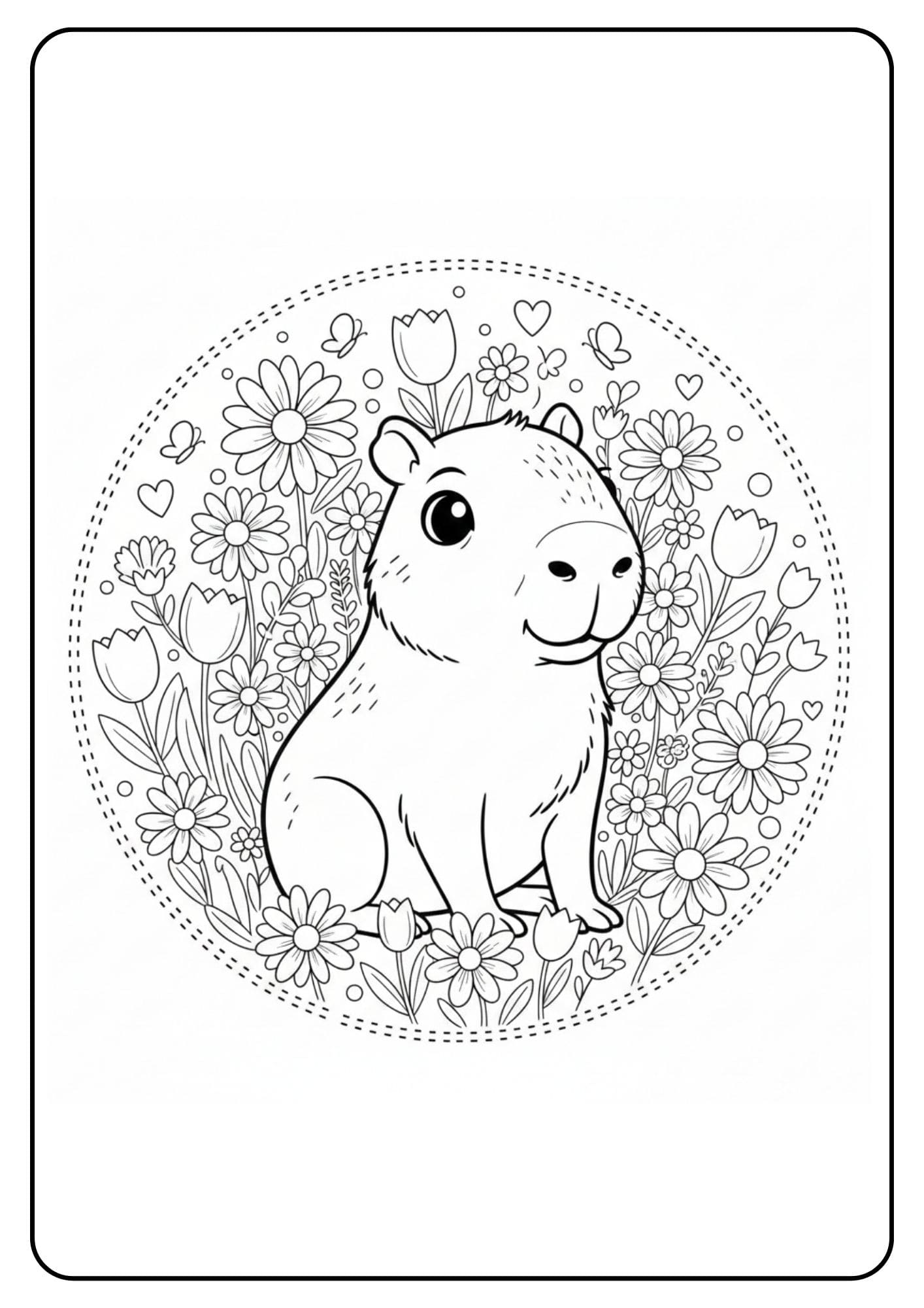 Cute Capybara with Flowers Coloring Page
