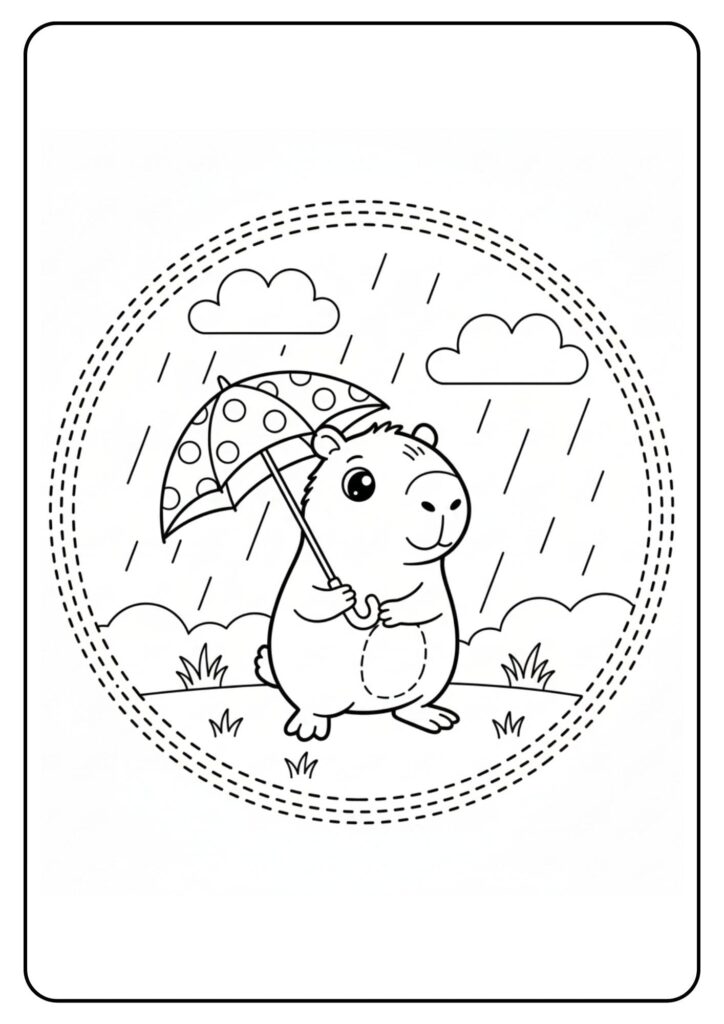Cute Capybara with Umbrella Coloring Page