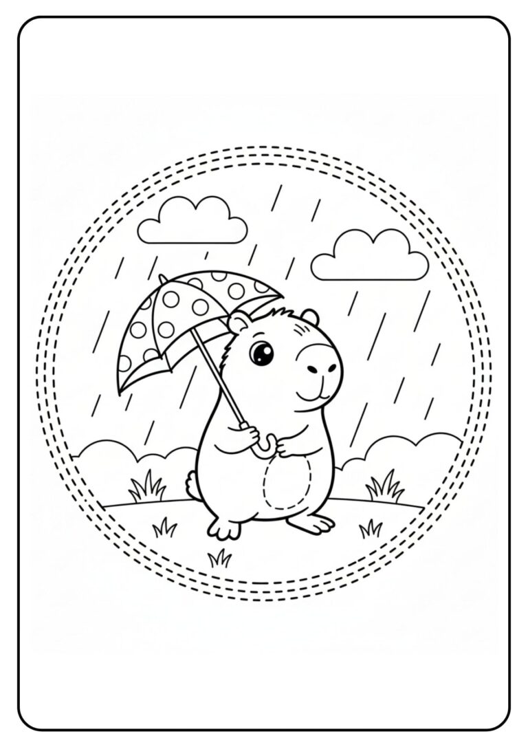 Cute Capybara with Umbrella Coloring Page