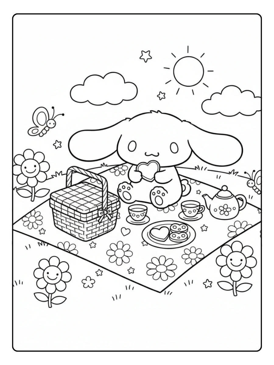 Cute Cinnamoroll Coloring Pages – Cinnamoroll Picnic on a Heart Blanket