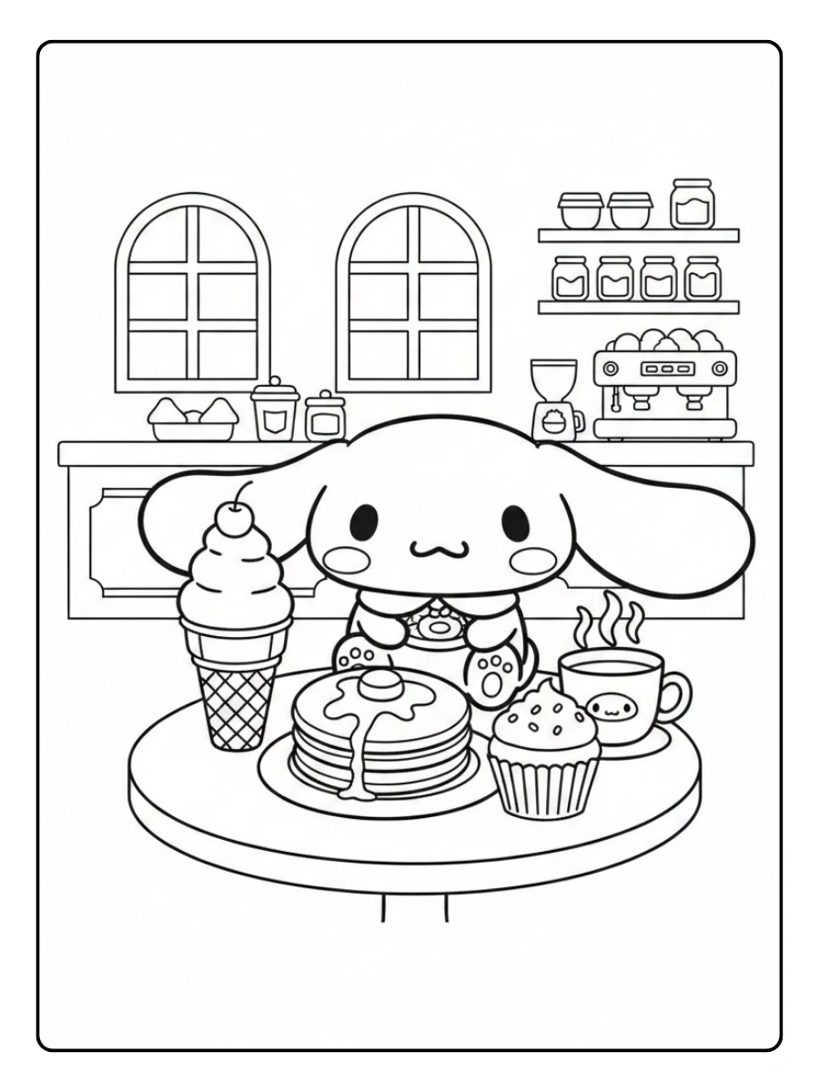 Cute Cinnamoroll Coloring Pages – Cinnamoroll at the Café with Treats