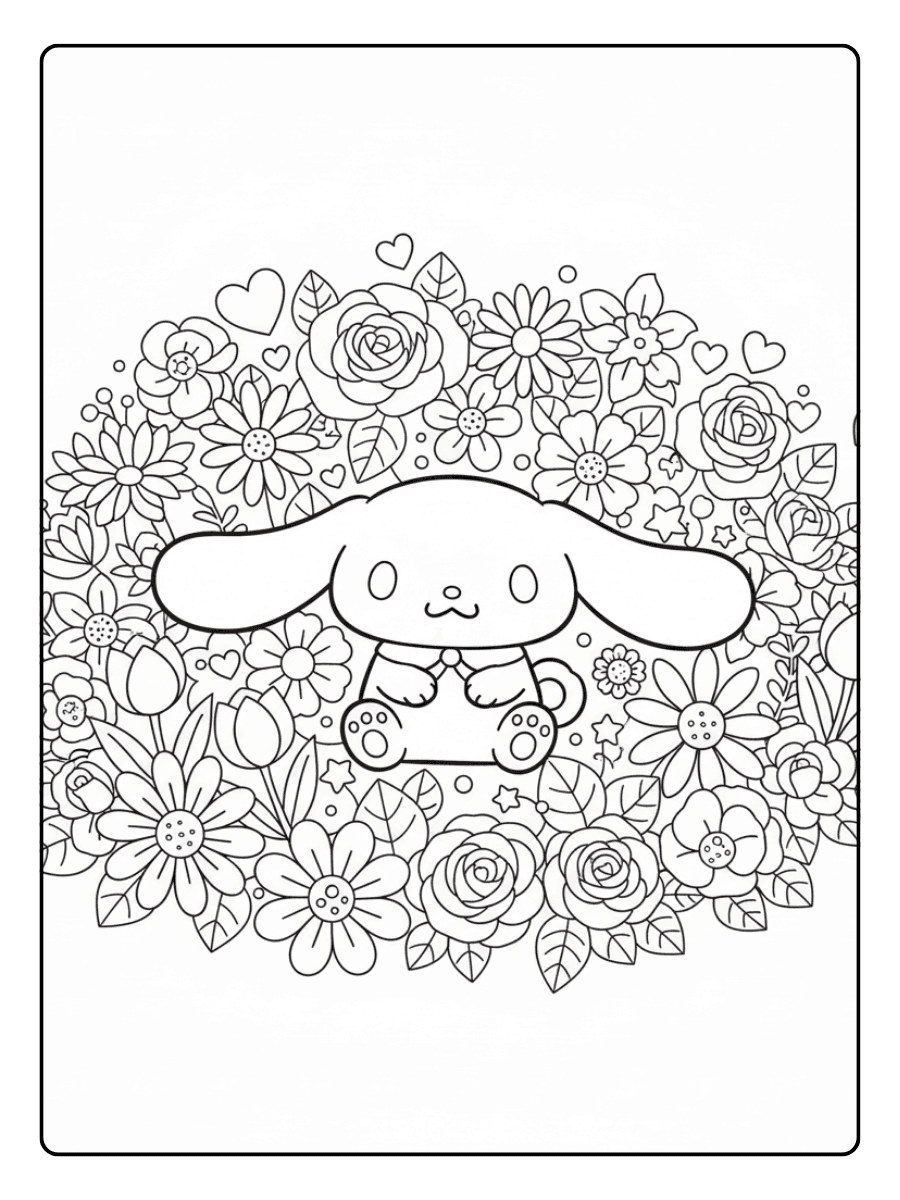 Cute Cinnamoroll Coloring Pages – Cinnamoroll in Flower Garden