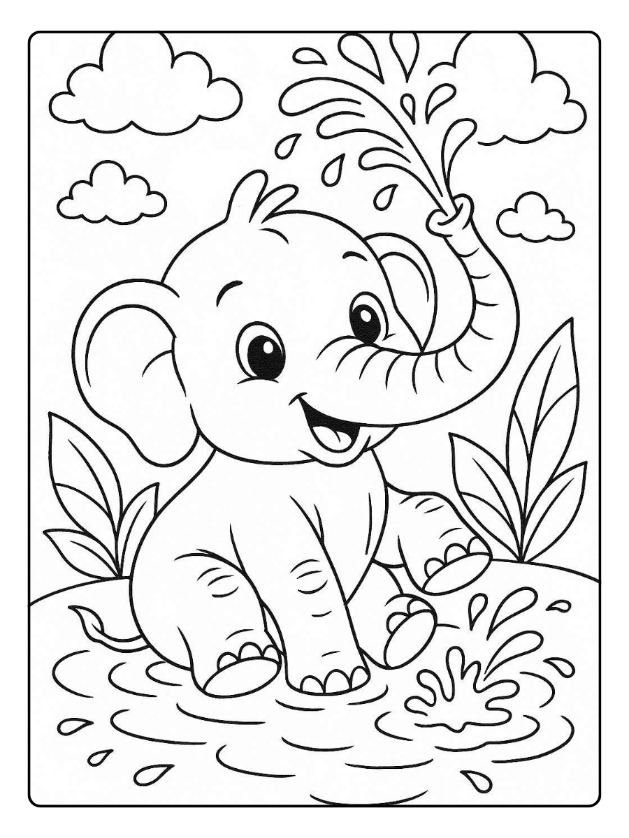 Cute Coloring Pages – Baby Elephant Splashing Water