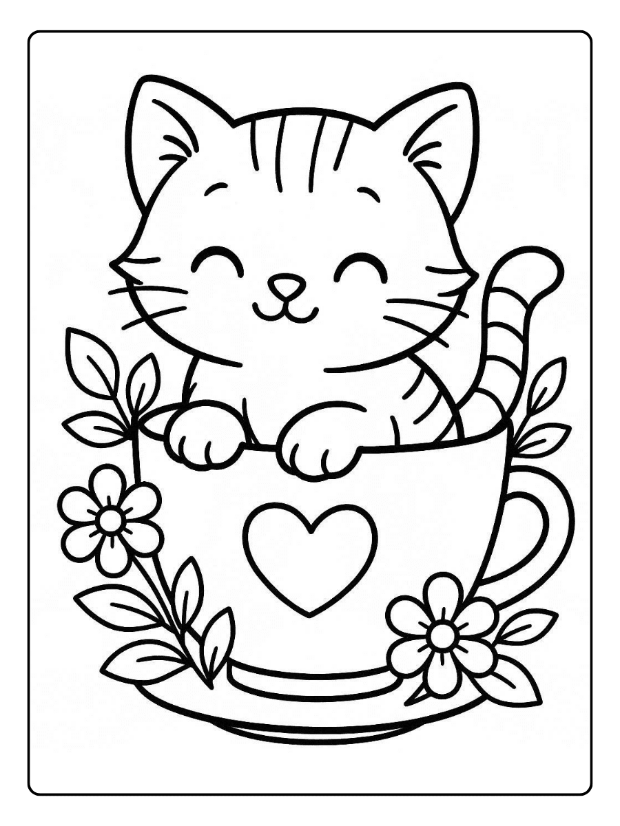 Cute Coloring Pages – Cute Kitten in a Teacup