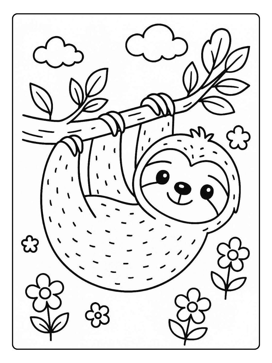 Cute Coloring Pages – Cute Sloth Hanging on a Branch