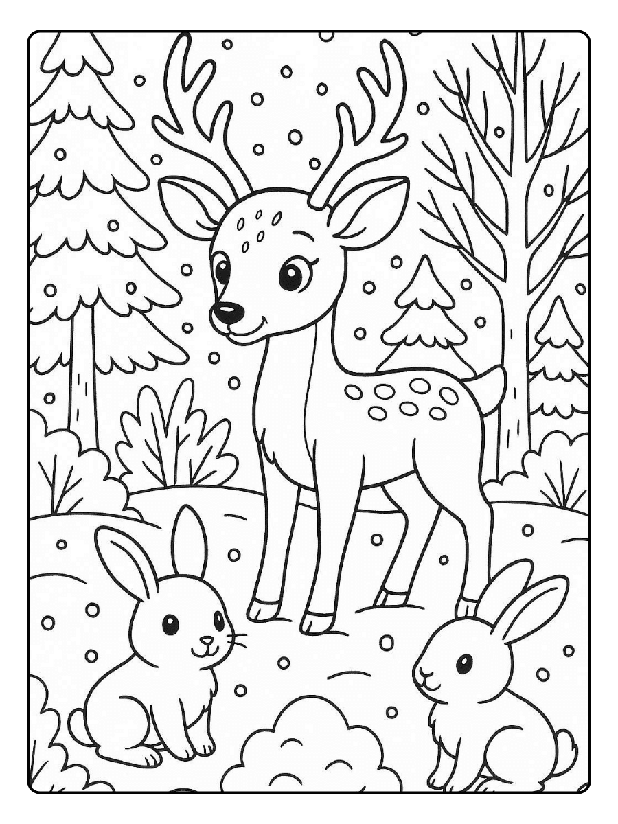 Cute Coloring Pages – Forest Deer & Snow Rabbits