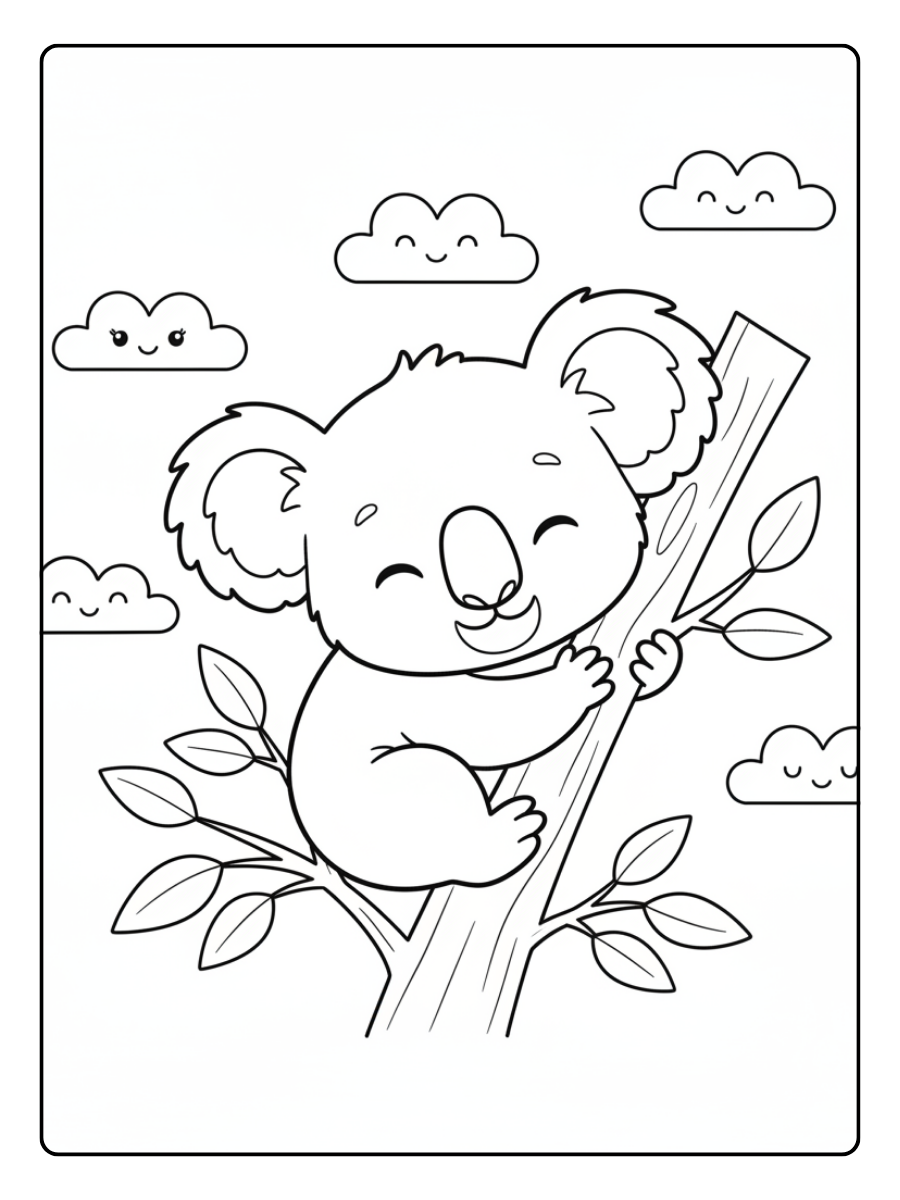 Cute Coloring Pages – Happy Koala Sleeping on Tree