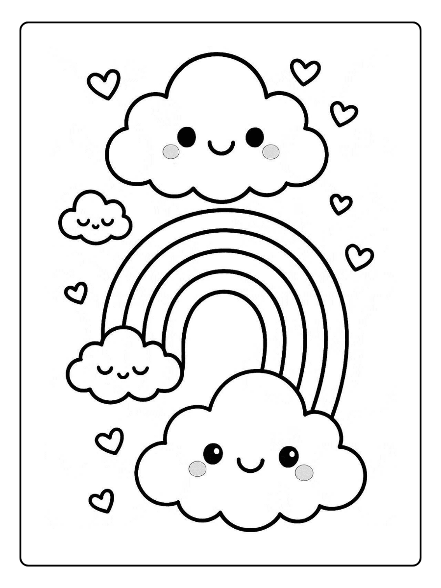 Cute Coloring Pages – Kawaii Cloud & Rainbow Smiles