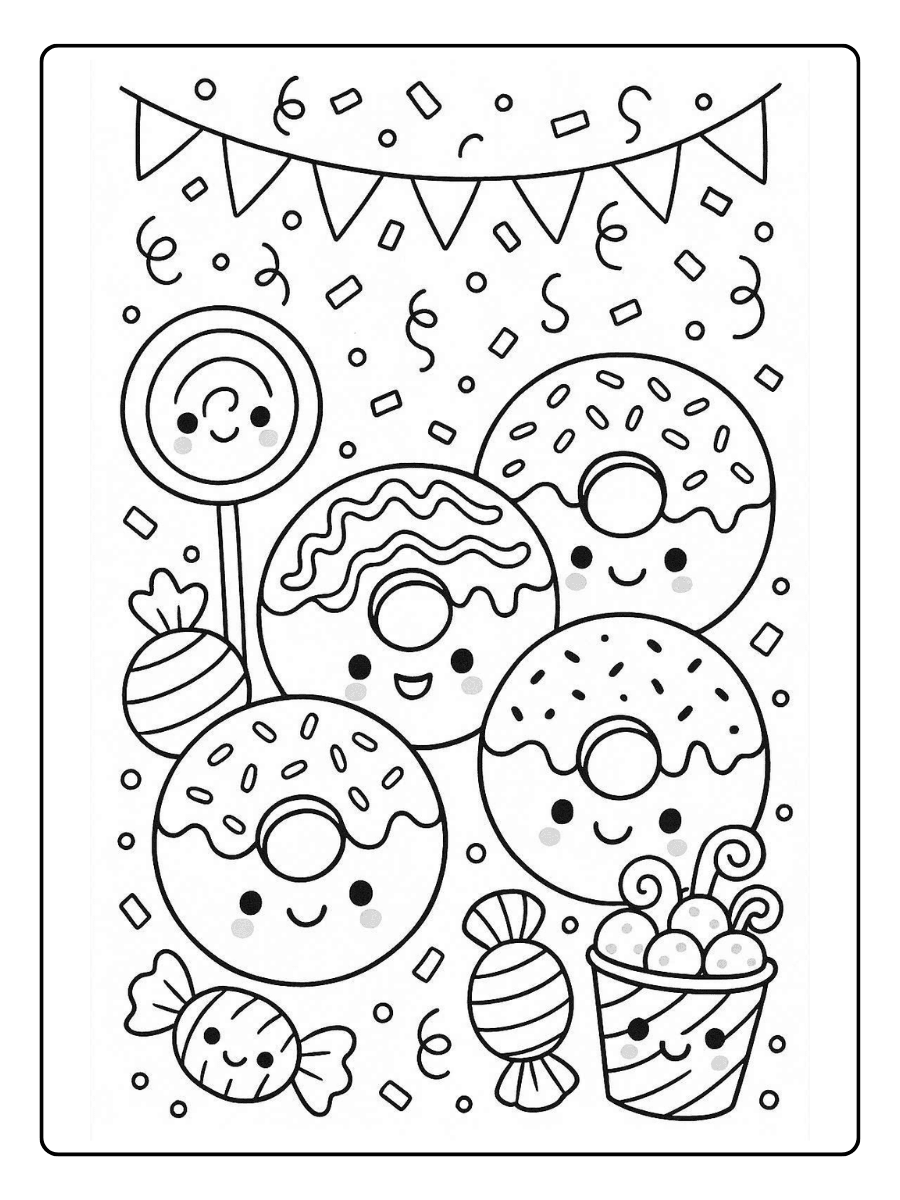 Cute Coloring Pages – Kawaii Donuts and Candy Party