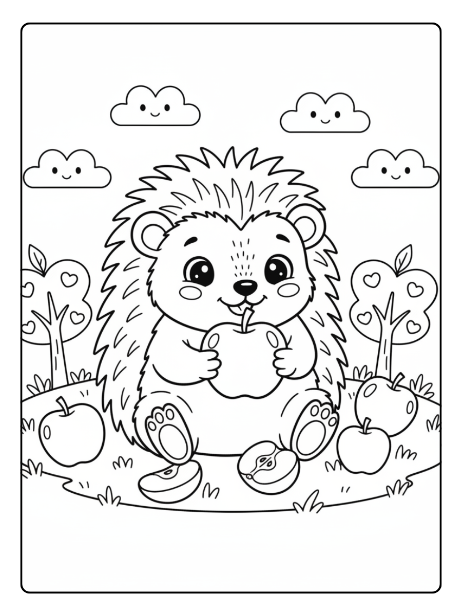 Cute Coloring Pages – Little Hedgehog with Apples
