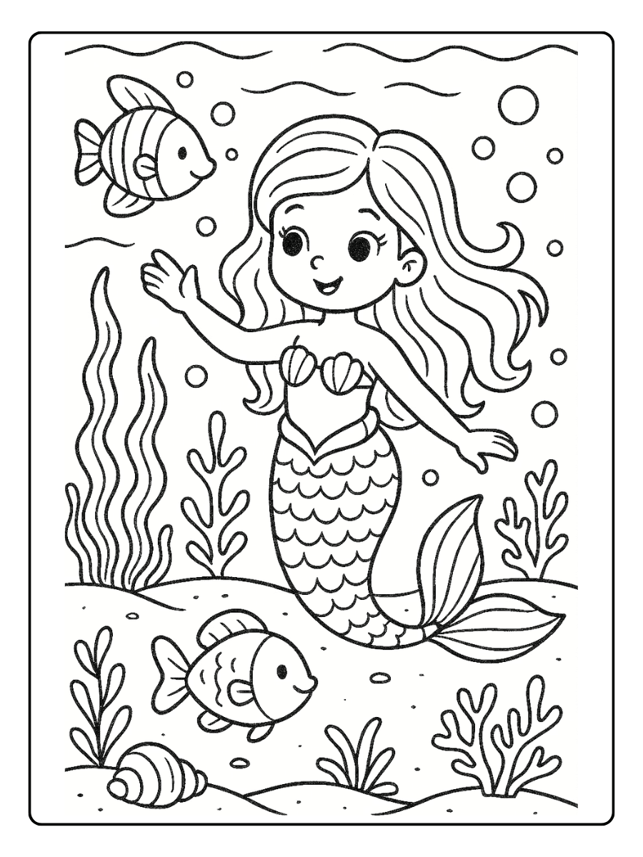 Cute Coloring Pages – Mermaid Underwater Scene