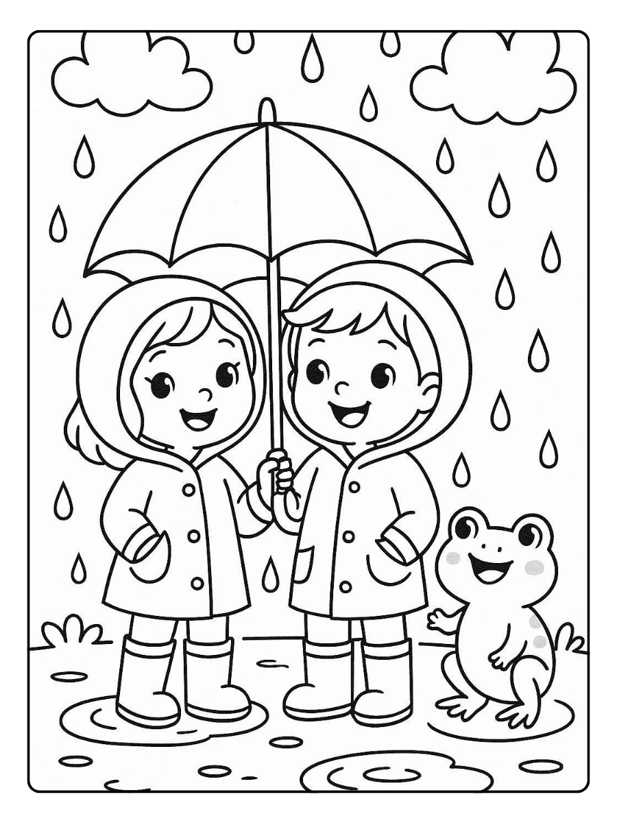 Cute Coloring Pages – Rainy Day Umbrella Friends