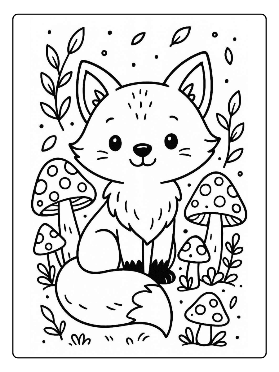 Cute Coloring Pages – Woodland Fox & Mushrooms